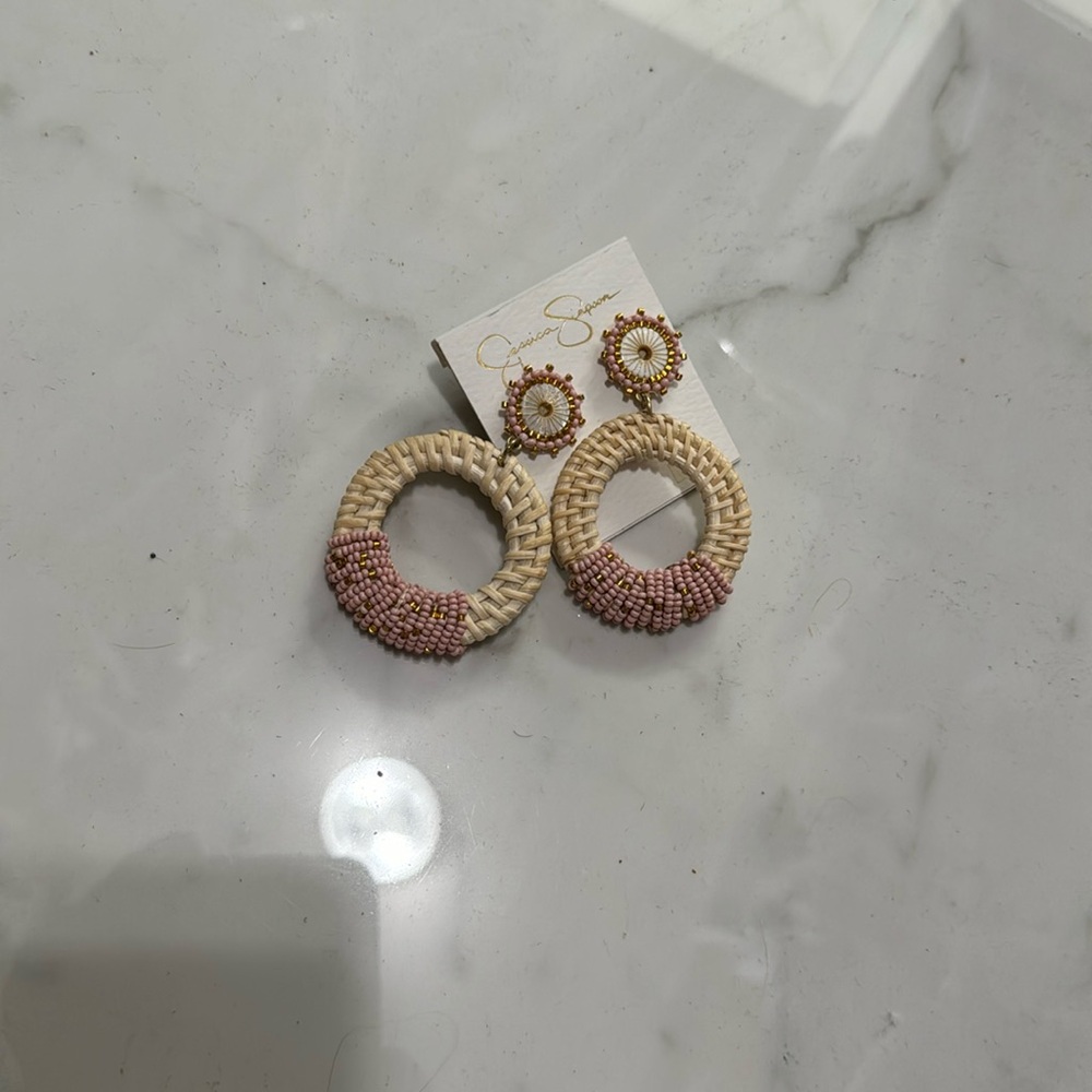 Brand new never worn Jessica Simpson Rafia, and pink beaded earrings